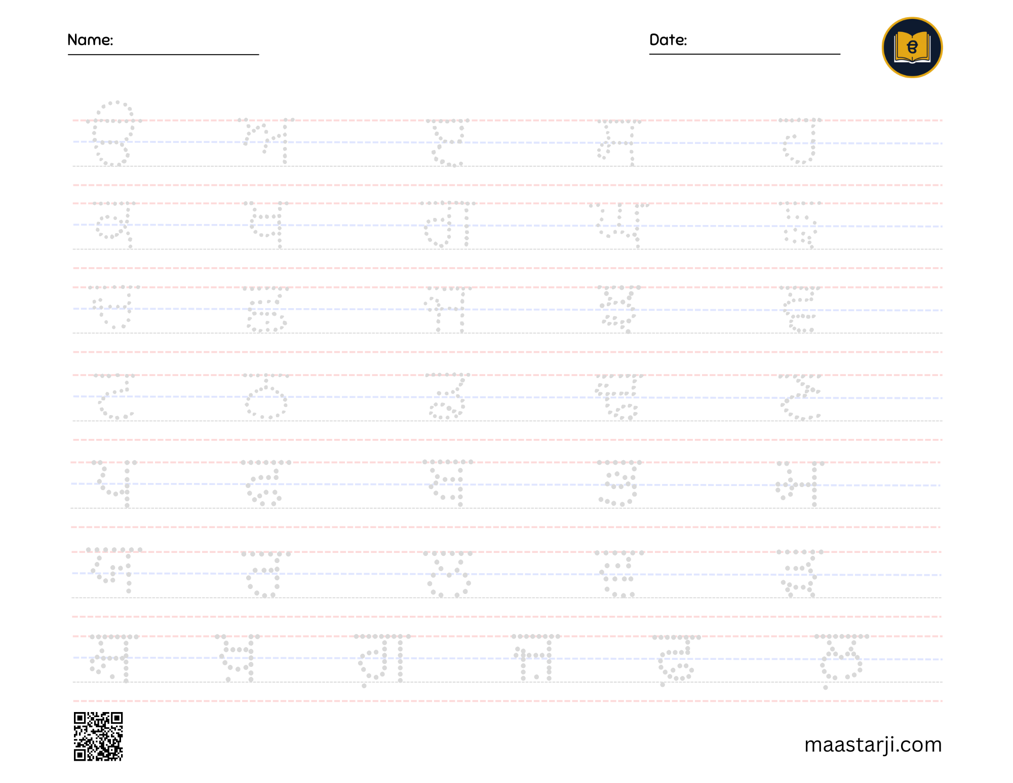 All Gurmukhi alphabets tracing practice on a single sheet